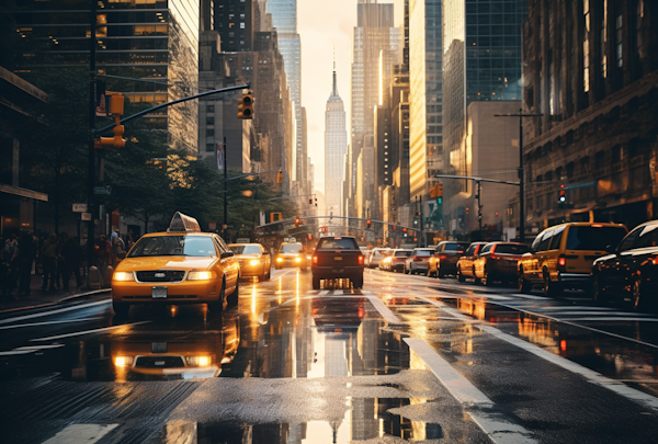 Sunset Symphony on Wet Asphalt in NYC