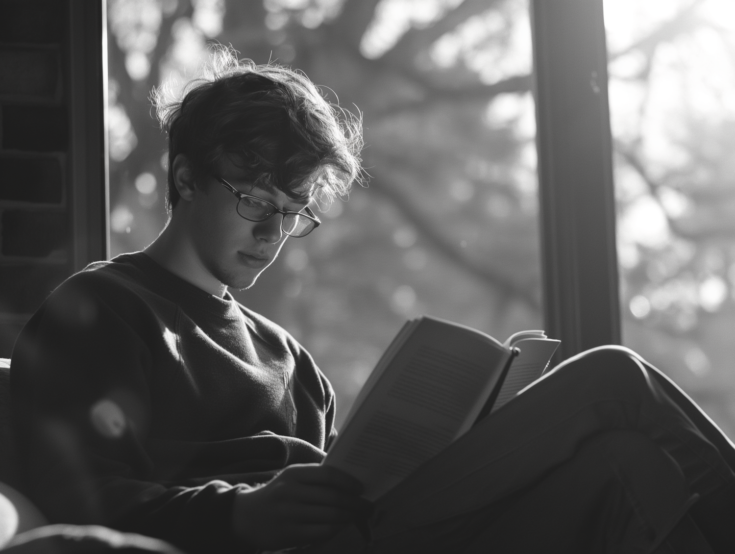 Monochromatic Portrait of Young Person Reading