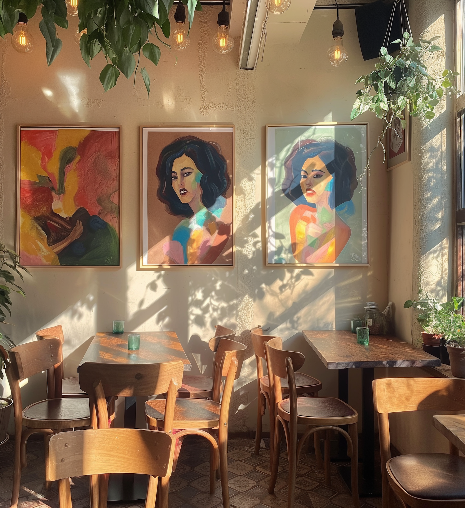 Cozy Café Interior with Artistic Portraits