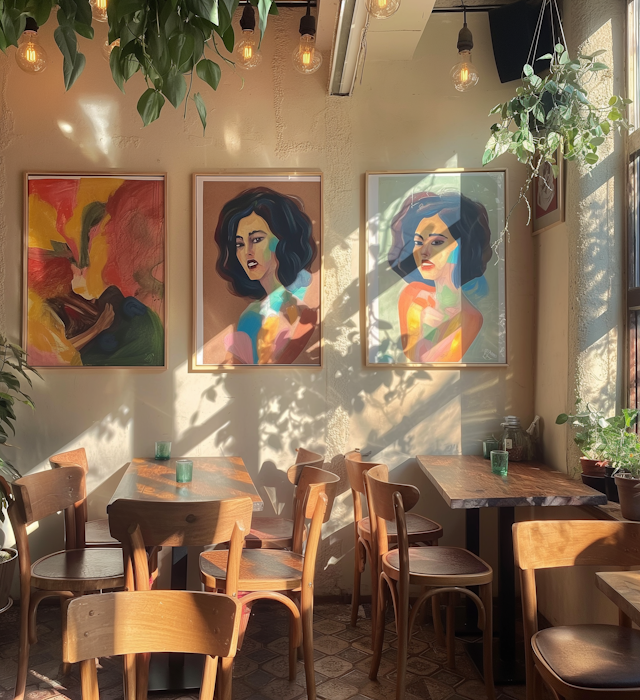 Cozy Café Interior with Artistic Portraits