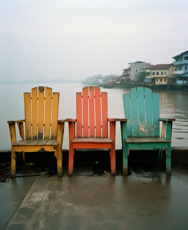 Serene Lakeside Trio of Weathered Adirondack Chairs