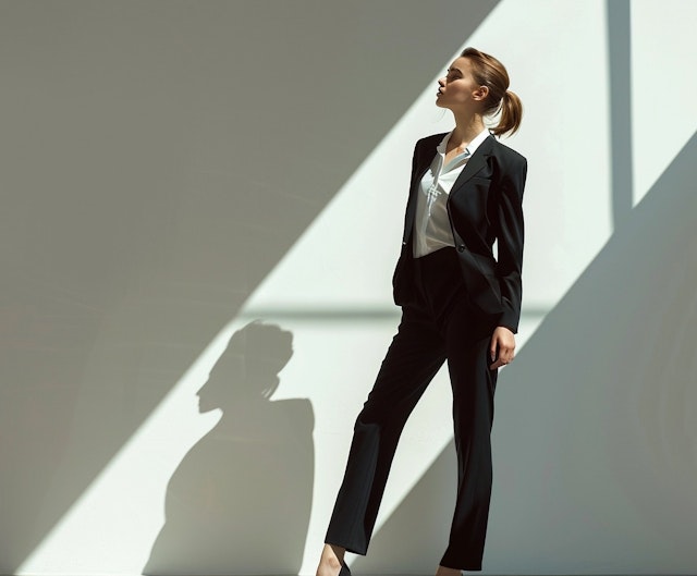 Confident Woman in Black Suit