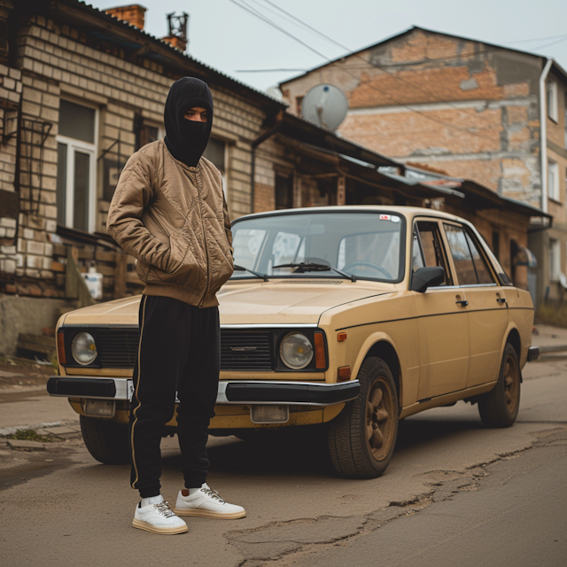 Man with Vintage Car in Urban Setting