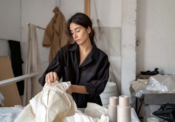 Serene Woman Working with Fabric