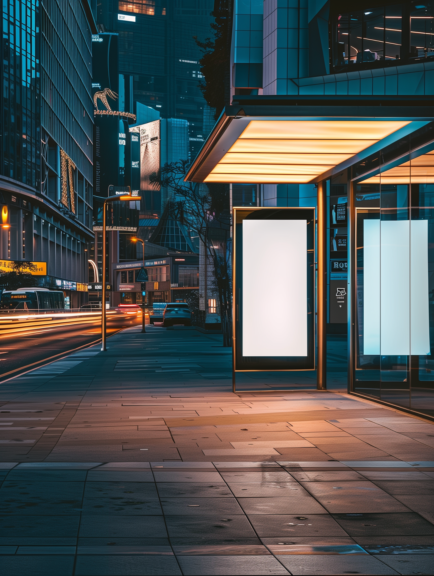 Twilight Cityscape with Illuminated Ad Panels