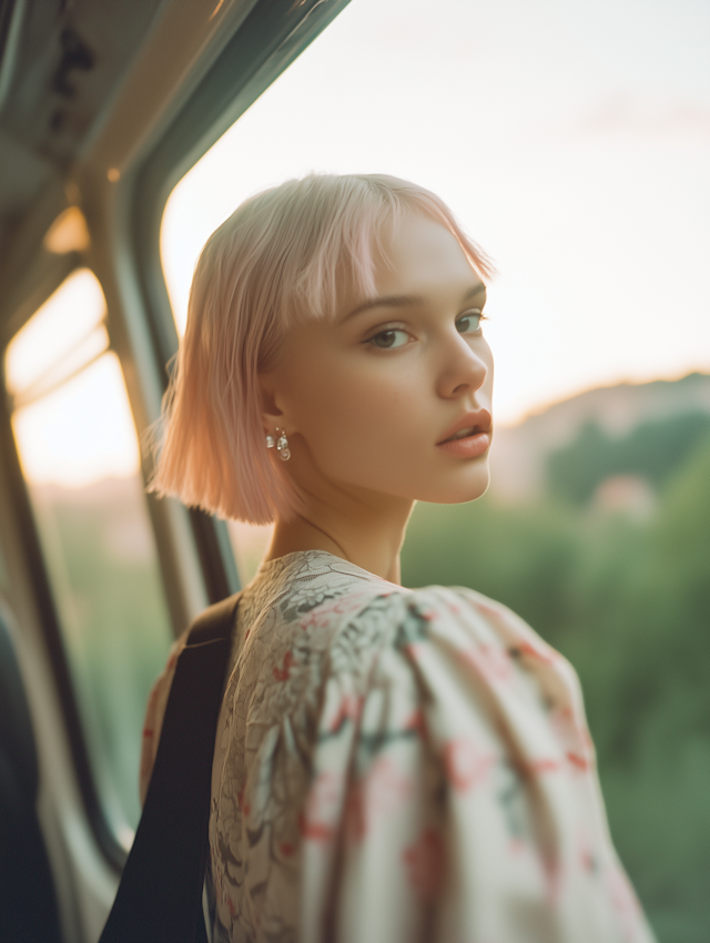 Serene Woman with Pastel Pink Hair