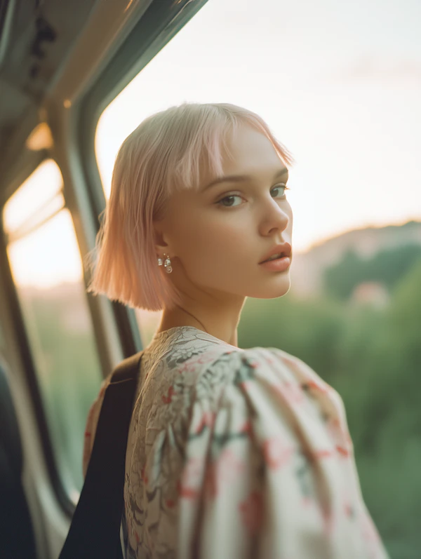Serene Woman with Pastel Pink Hair