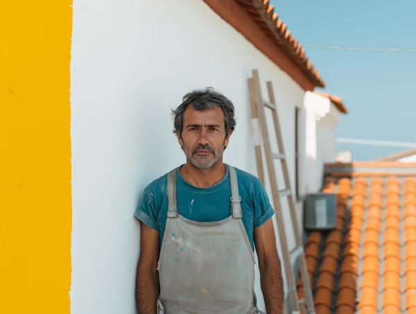 Man in Blue T-shirt with Paint-splattered Apron
