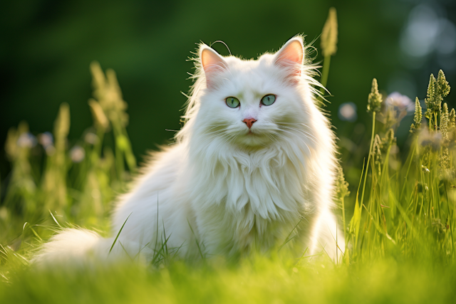 Ethereal Dawn: Majestic White Cat in Lush Green Meadow