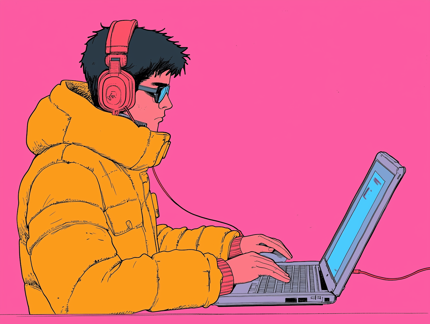 Person in Yellow Puffer Jacket with Red Headphones