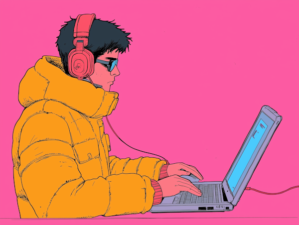 Person in Yellow Puffer Jacket with Red Headphones