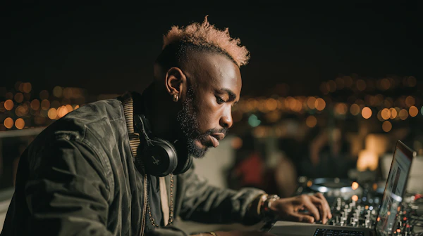 DJ at Work in Cityscape