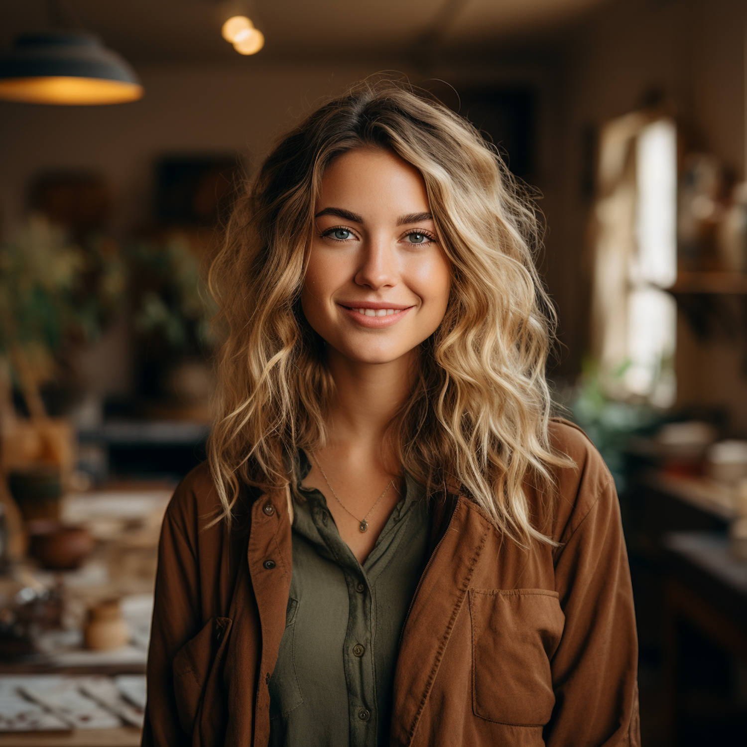 Warm and Friendly Blonde with Earth Tone Attire