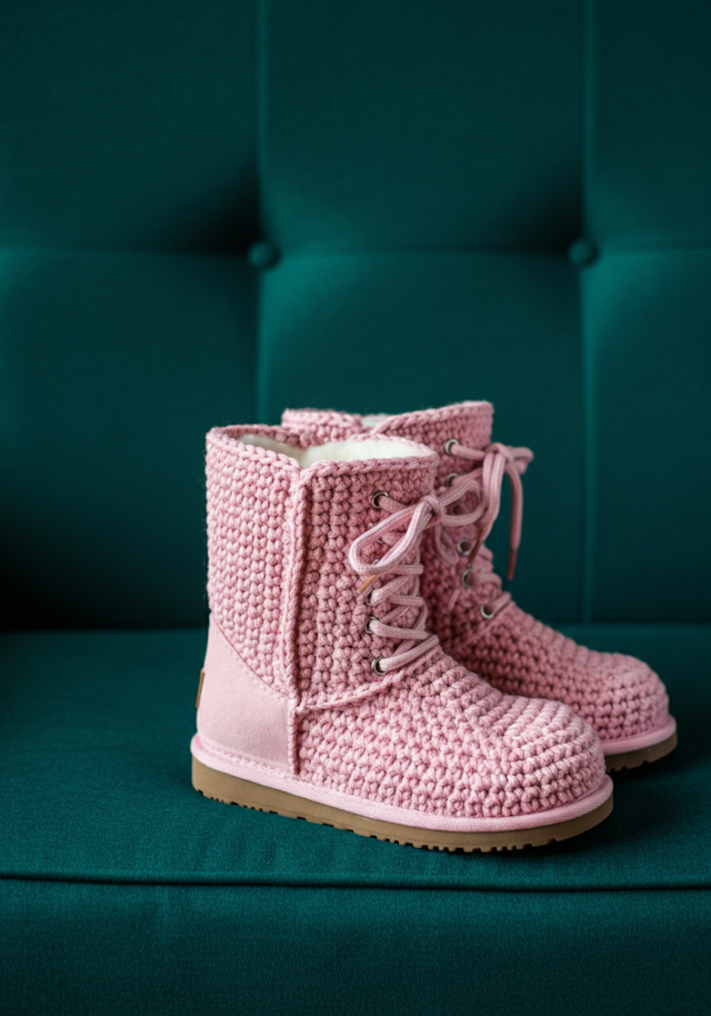 Pink Knitted Boots on Green Background