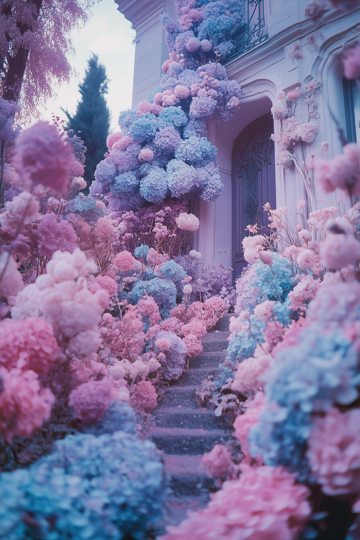 Whimsical Staircase with Hydrangeas