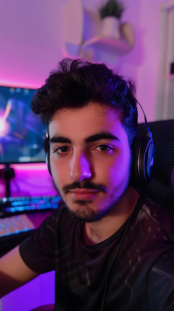 Serene Gamer in Neon-lit Room