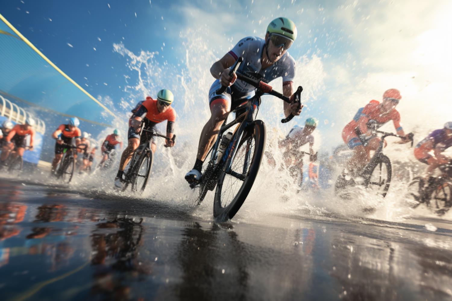 Race Through the Spray: Cyclists' Waterlogged Sprint