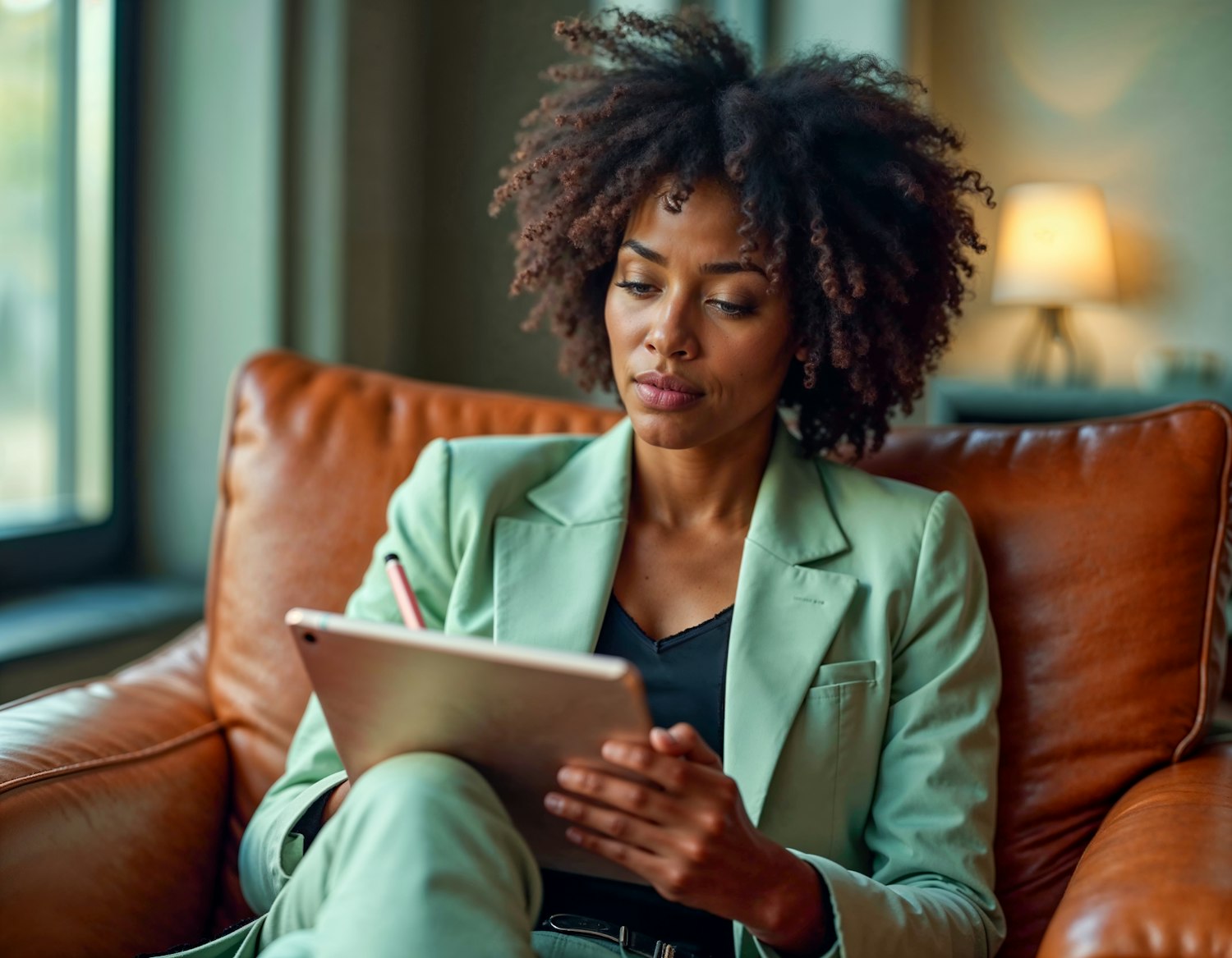 Woman Working on Tablet in Cozy Setting