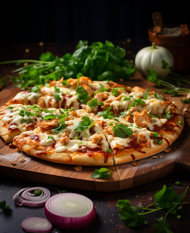 Artisan Chicken Herb Pizza on Wooden Board