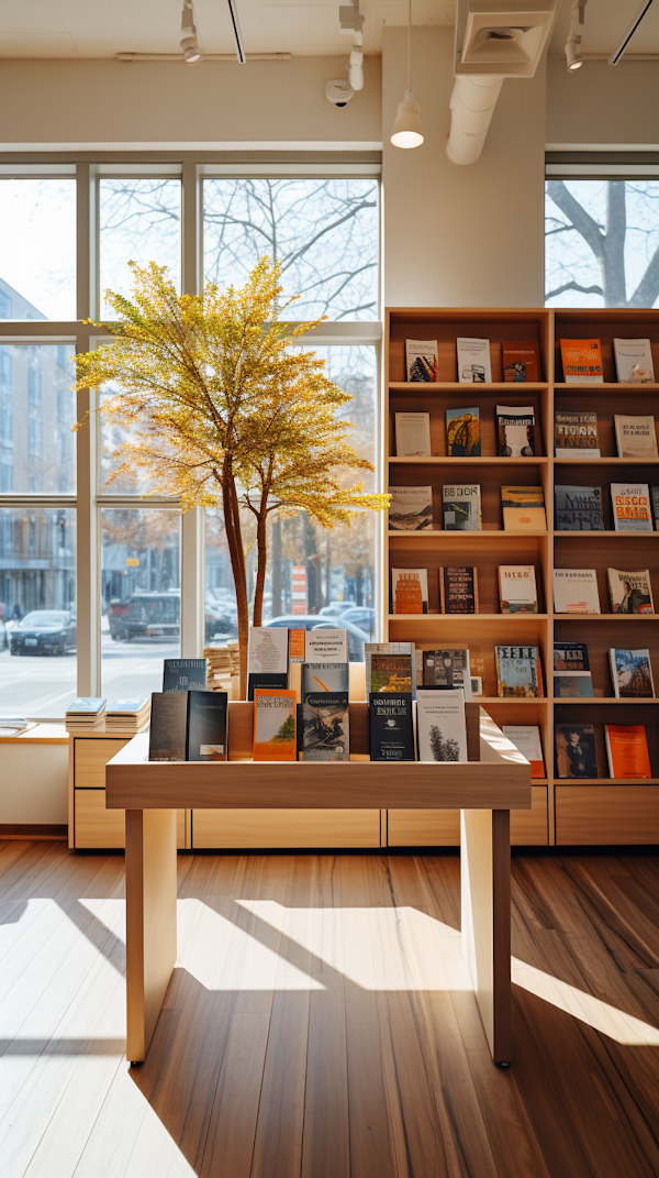 Sunlit Bibliotheca Oasis with Golden Tree