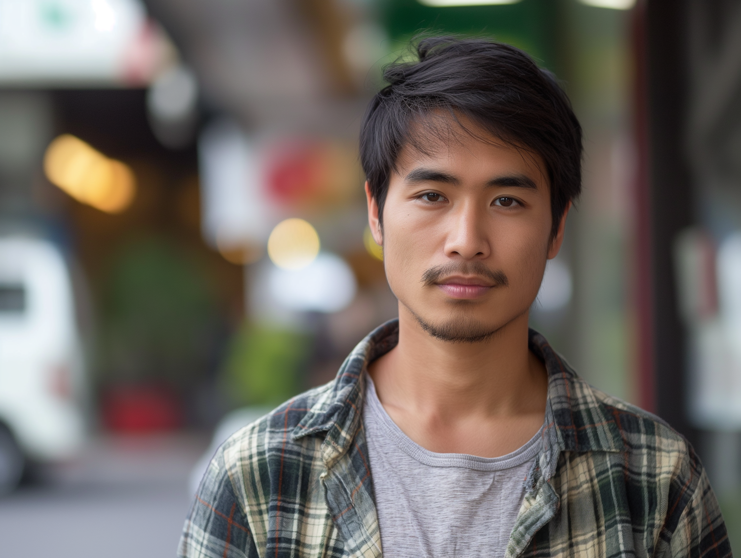 Calm Young Asian Man in Urban Setting