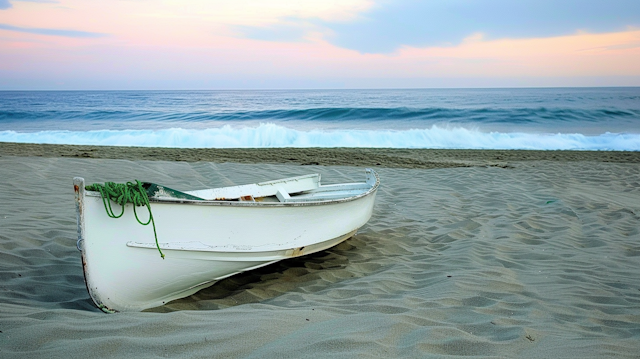 Serene Beach Scene with Rowboat