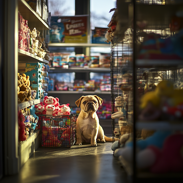 Curious Pug in Toy Aisle