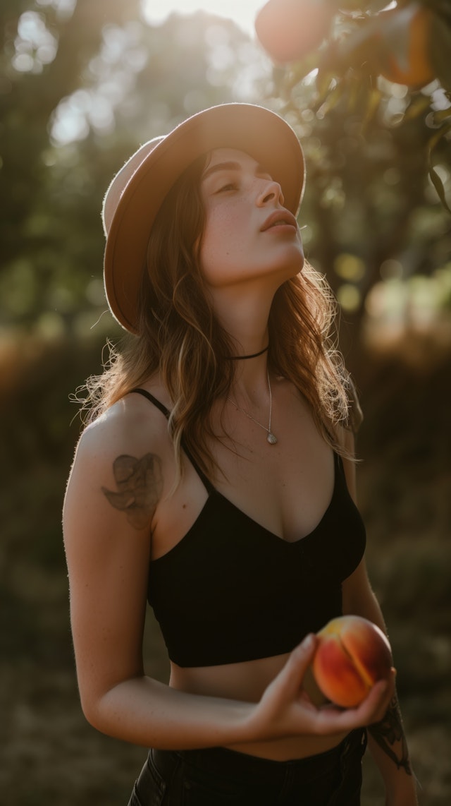 Tranquil Woman in Nature with Peach