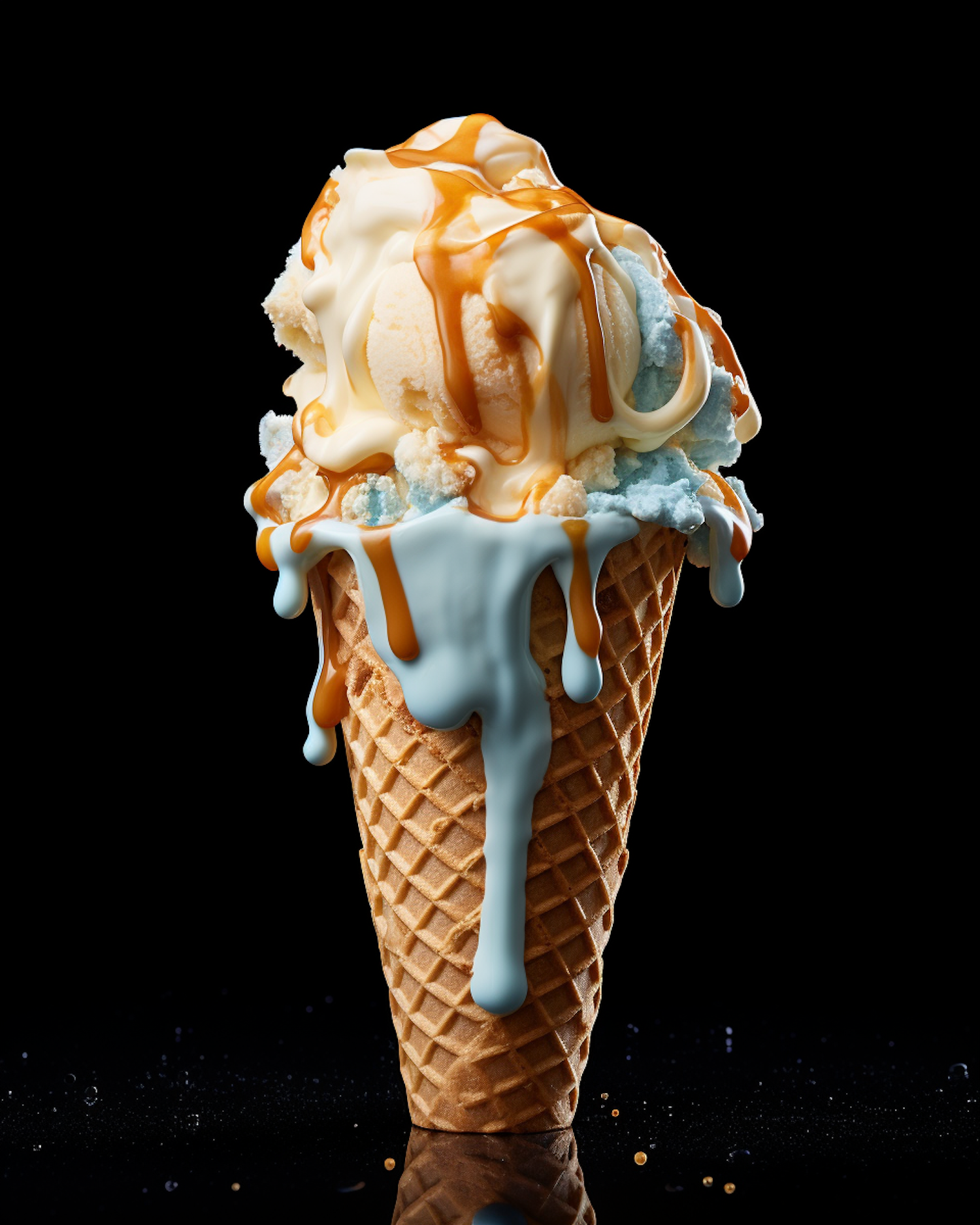 Caramel Drizzle on Melting Vanilla and Blueberry Ice Cream Cone