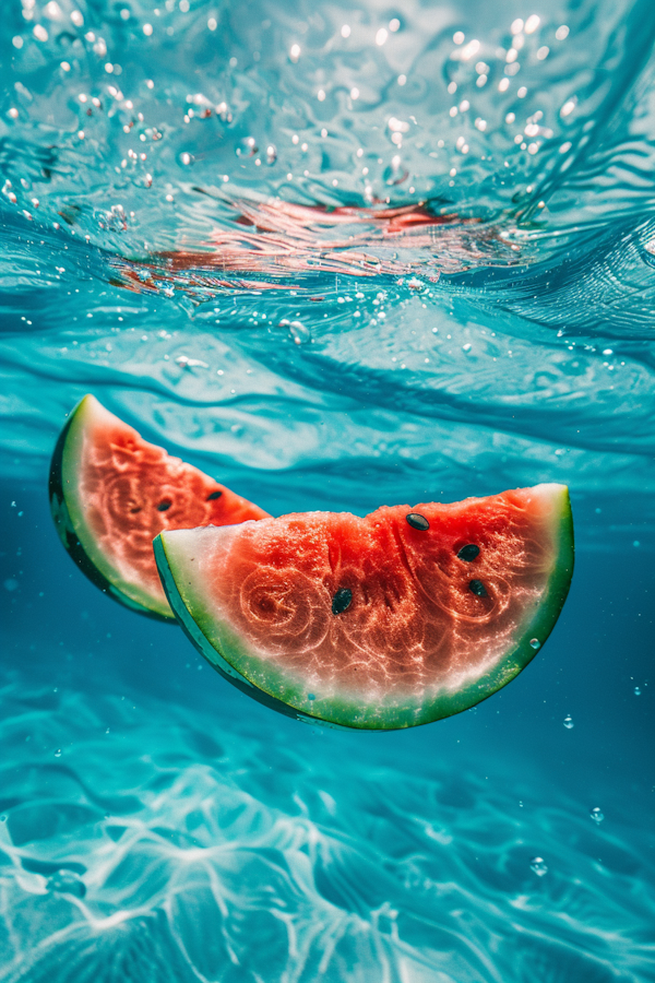 Watermelon Slices Floating in Blue Water