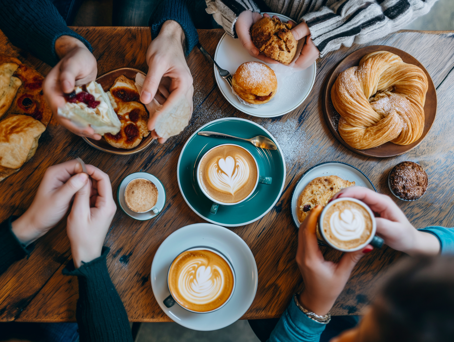 Communal Breakfast Feast with Artful Latte Centerpiece