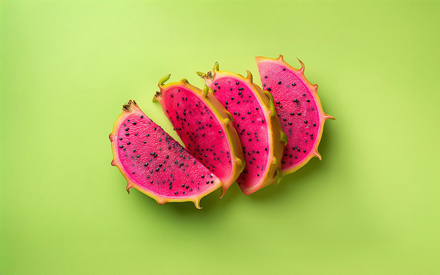 Vibrant Dragon Fruit Slices on Lime Green Background