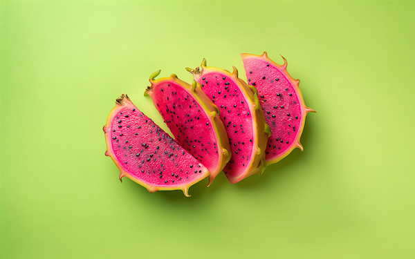 Vibrant Dragon Fruit Slices on Lime Green Background