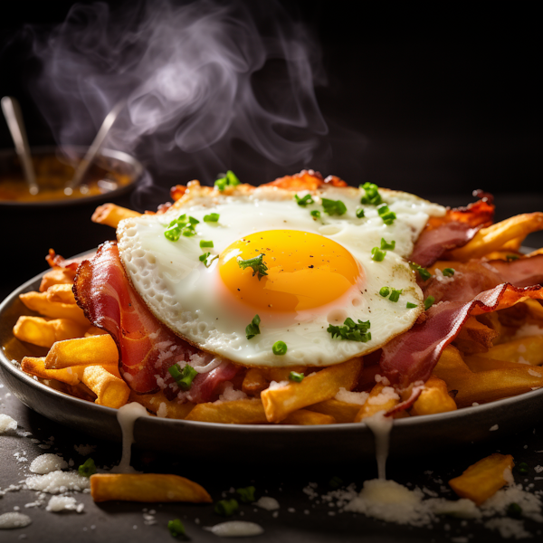 Sunny-Side Up Egg on Bacon and Golden French Fries