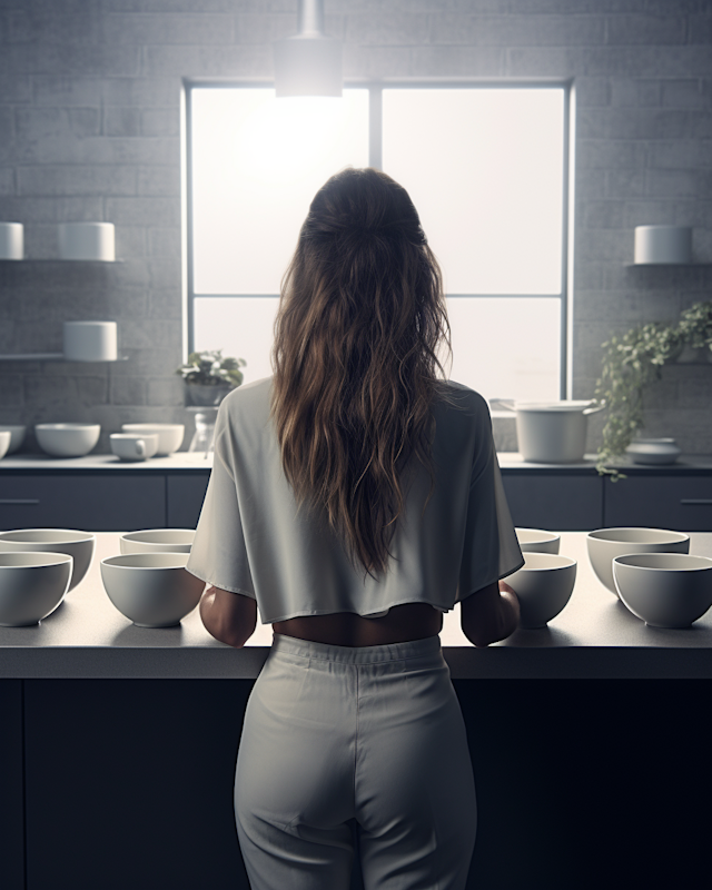 Serene Morning Contemplation in the Kitchen