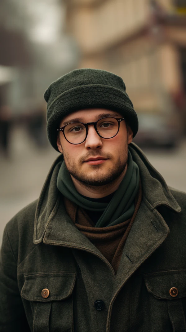 Contemplative Young Man in Winter Attire