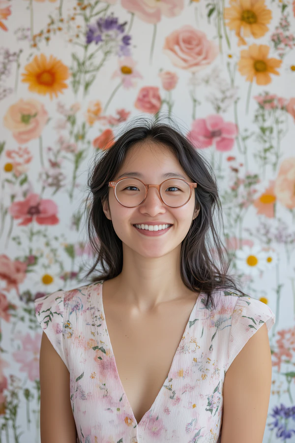 Smiling Woman with Floral Background