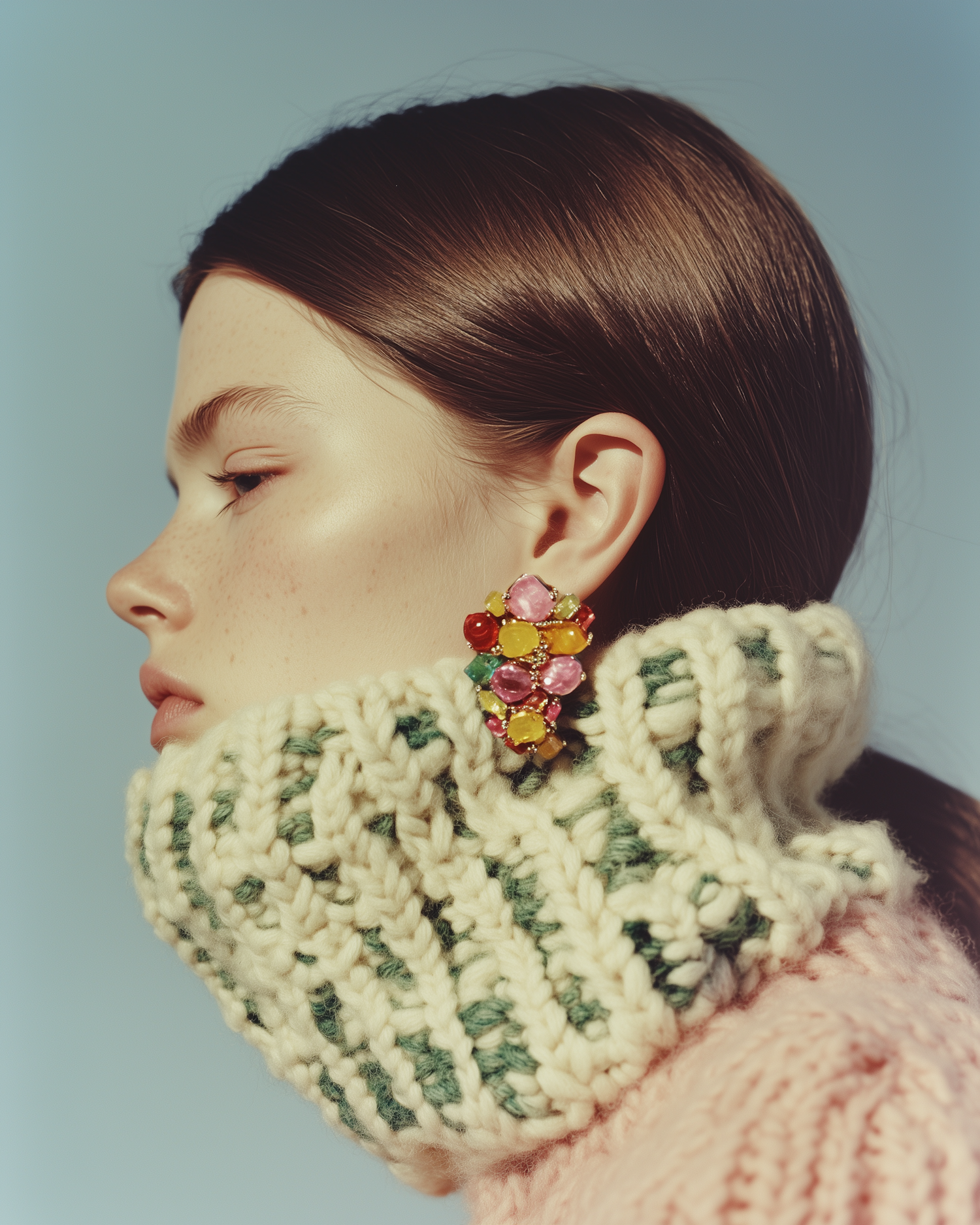 Profile of Person in Knit Sweater with Gemstone Earring