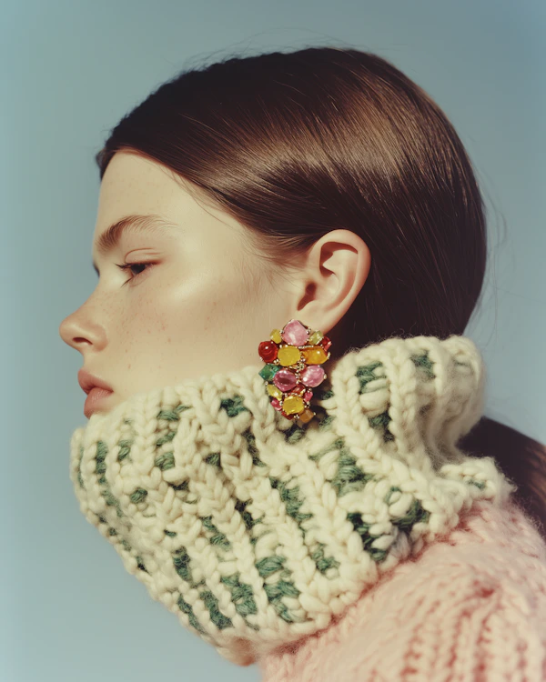 Profile of Person in Knit Sweater with Gemstone Earring