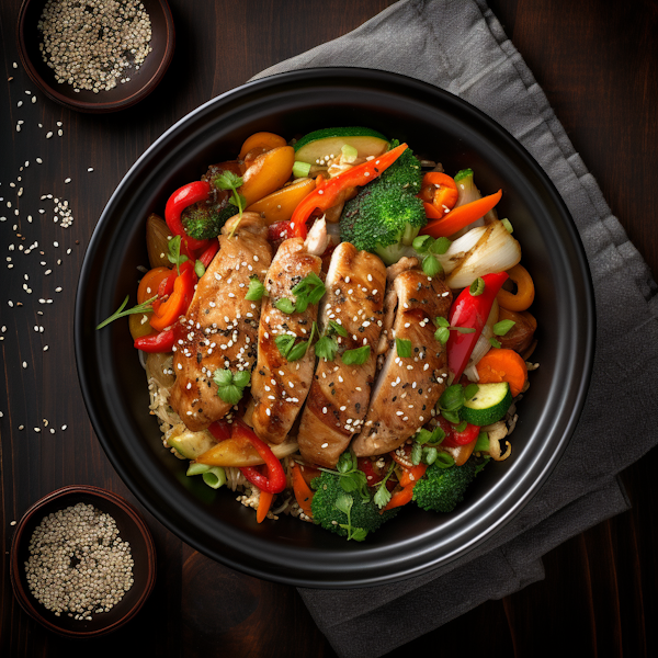 Golden Sear Teriyaki Chicken with Stir-Fried Vegetables and Rice