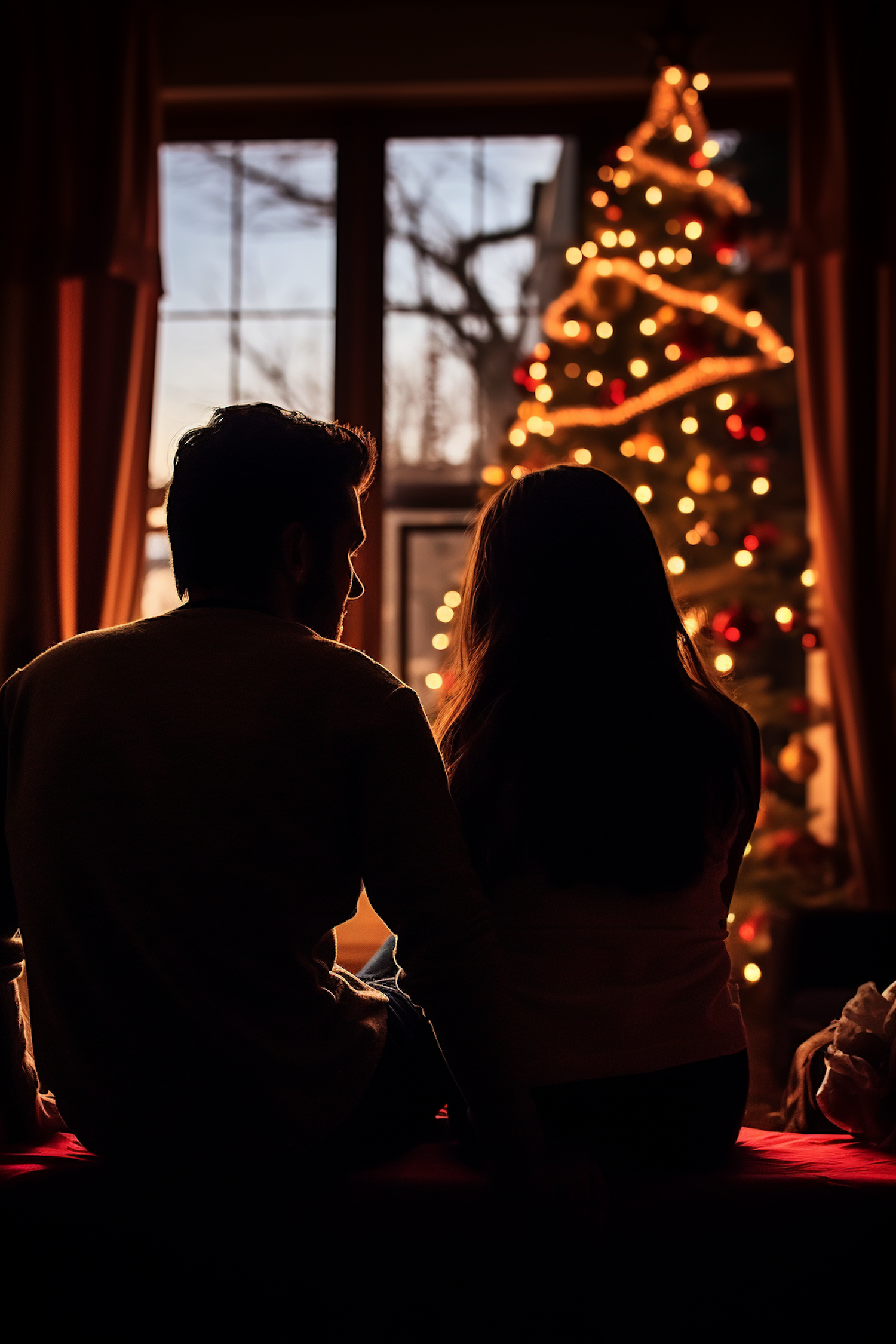 Yuletide Serenity: A Couple's Sunset Contemplation by the Christmas Tree