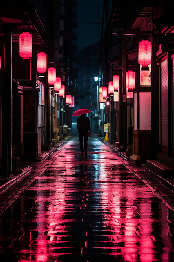 Nocturnal Solitude with a Red Umbrella