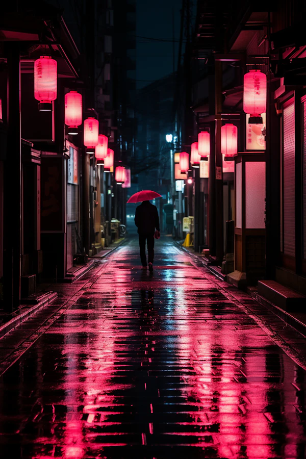 Nocturnal Solitude with a Red Umbrella