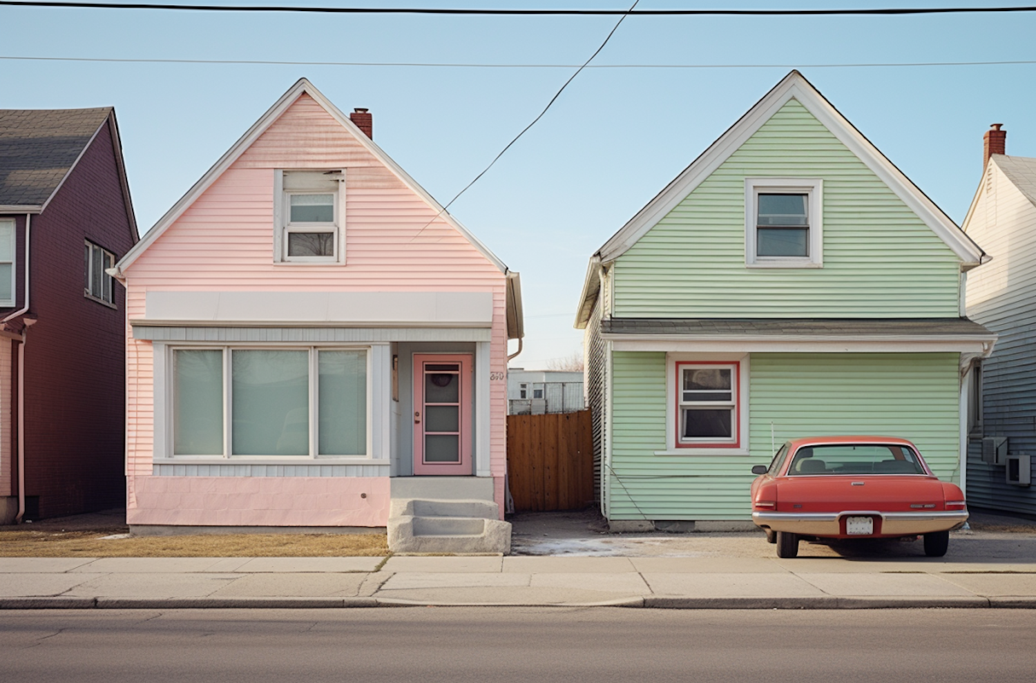 Pastel Suburbia with Vintage Red Car