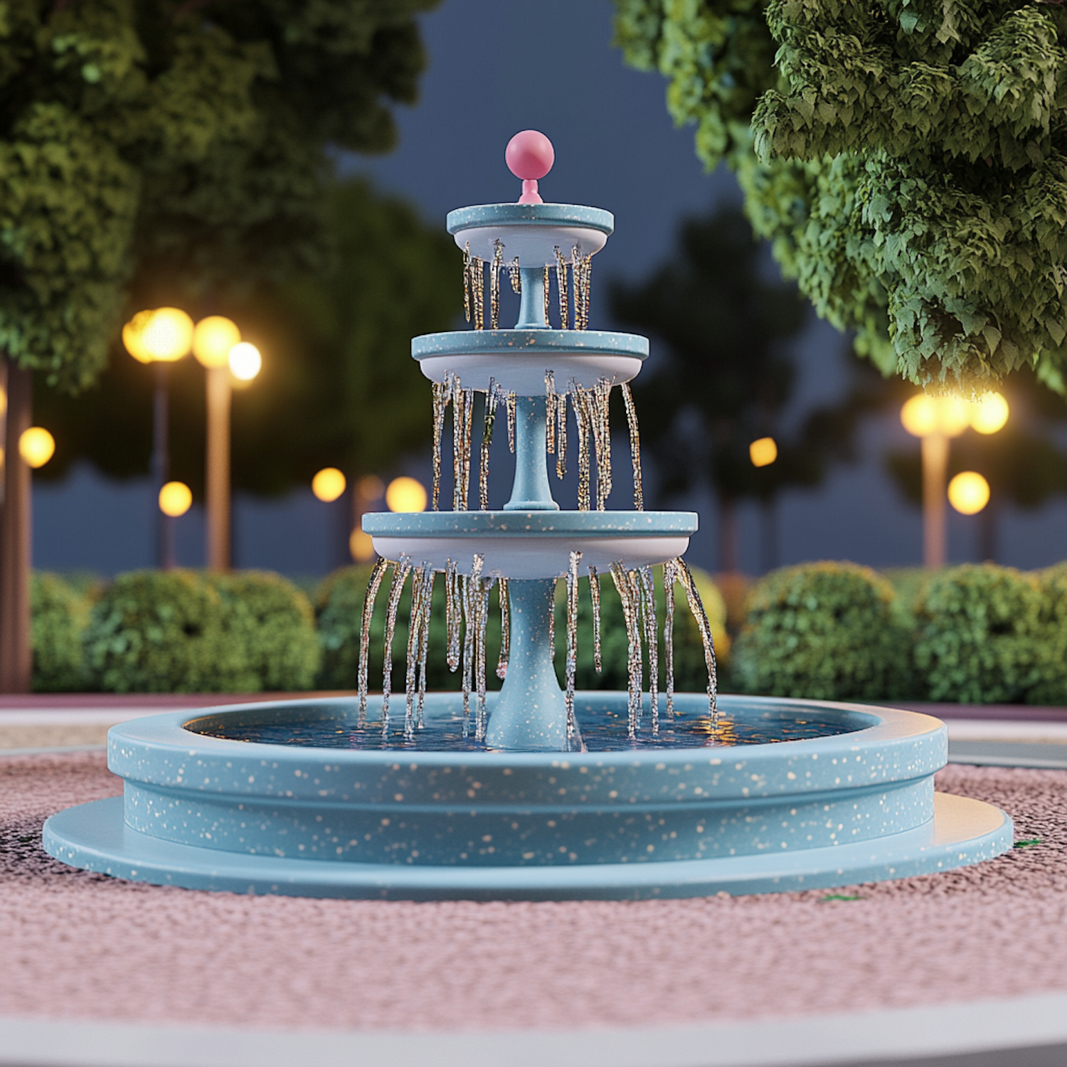 Illuminated Multi-tiered Fountain at Dusk