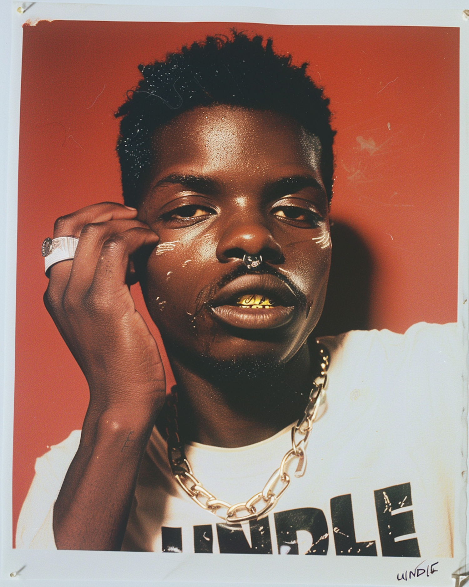 Portrait of Young African Male with Gold-Painted Lips