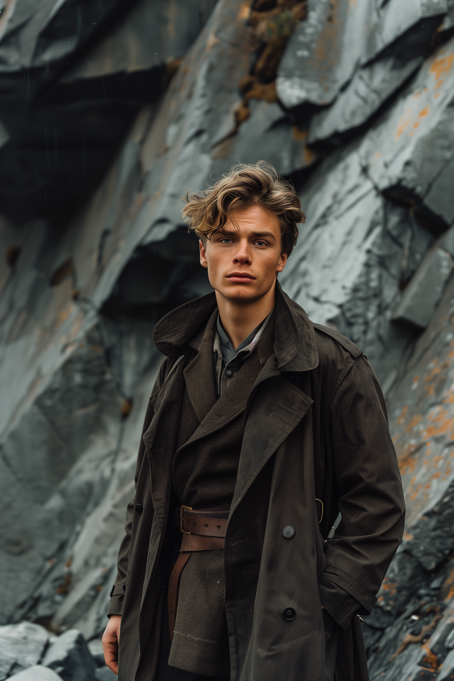 Moody Portrait of a Young Man in Rugged Terrain