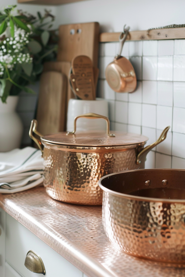 Elegant Copper Cookware on Kitchen Countertop