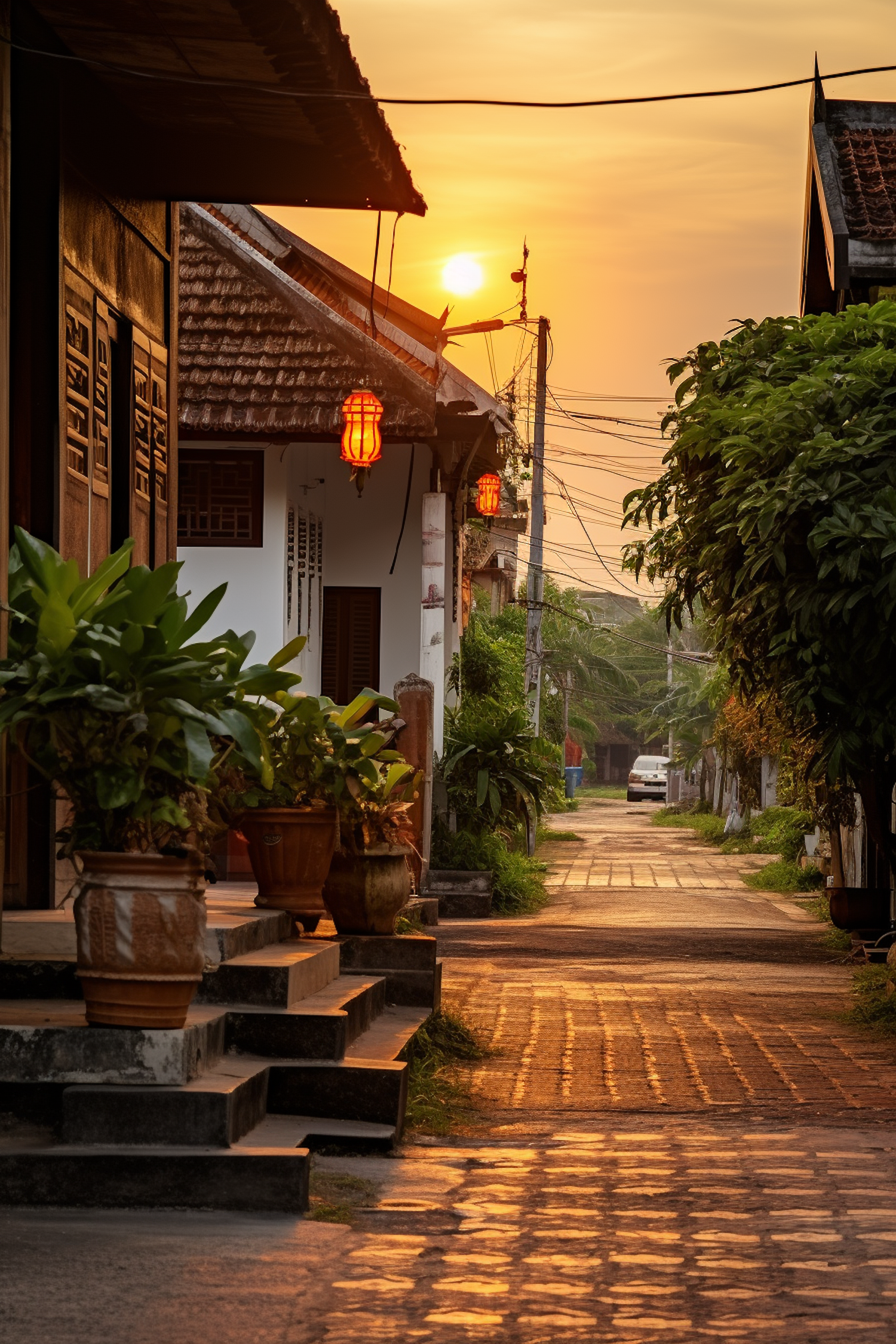 Sunset Serenity on an Asian Lantern-Lit Street