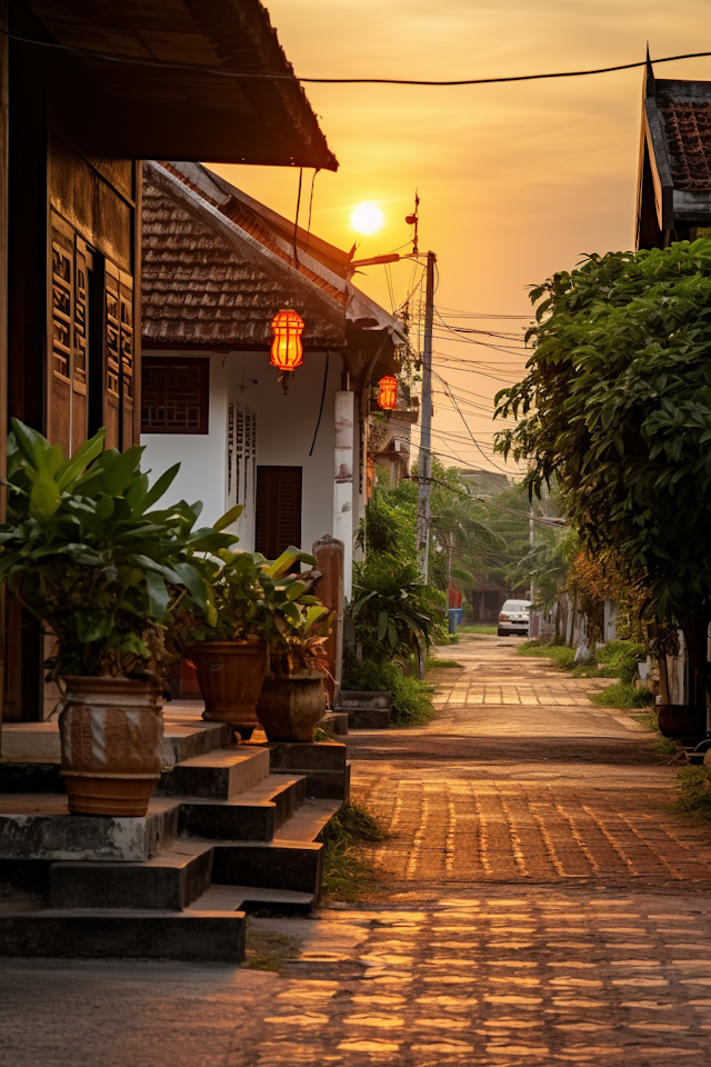 Sunset Serenity on an Asian Lantern-Lit Street